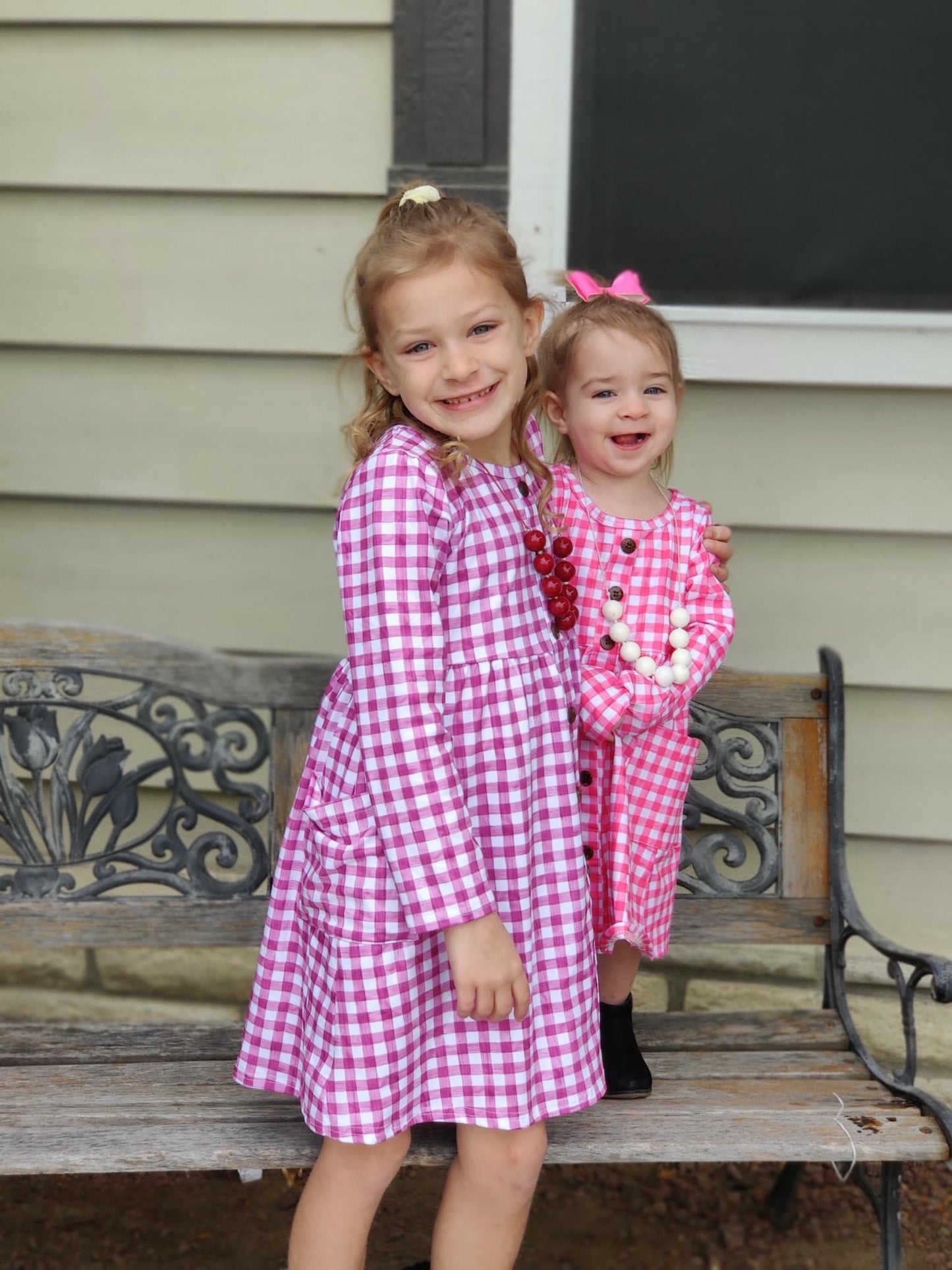Purple Gingham Wooden Button Down Long Sleeve Pocket Dress