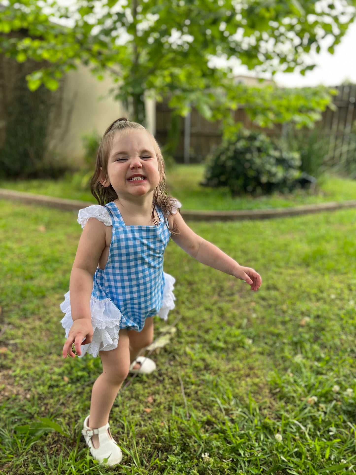 Blue Gingham Lace Ruffle Romper