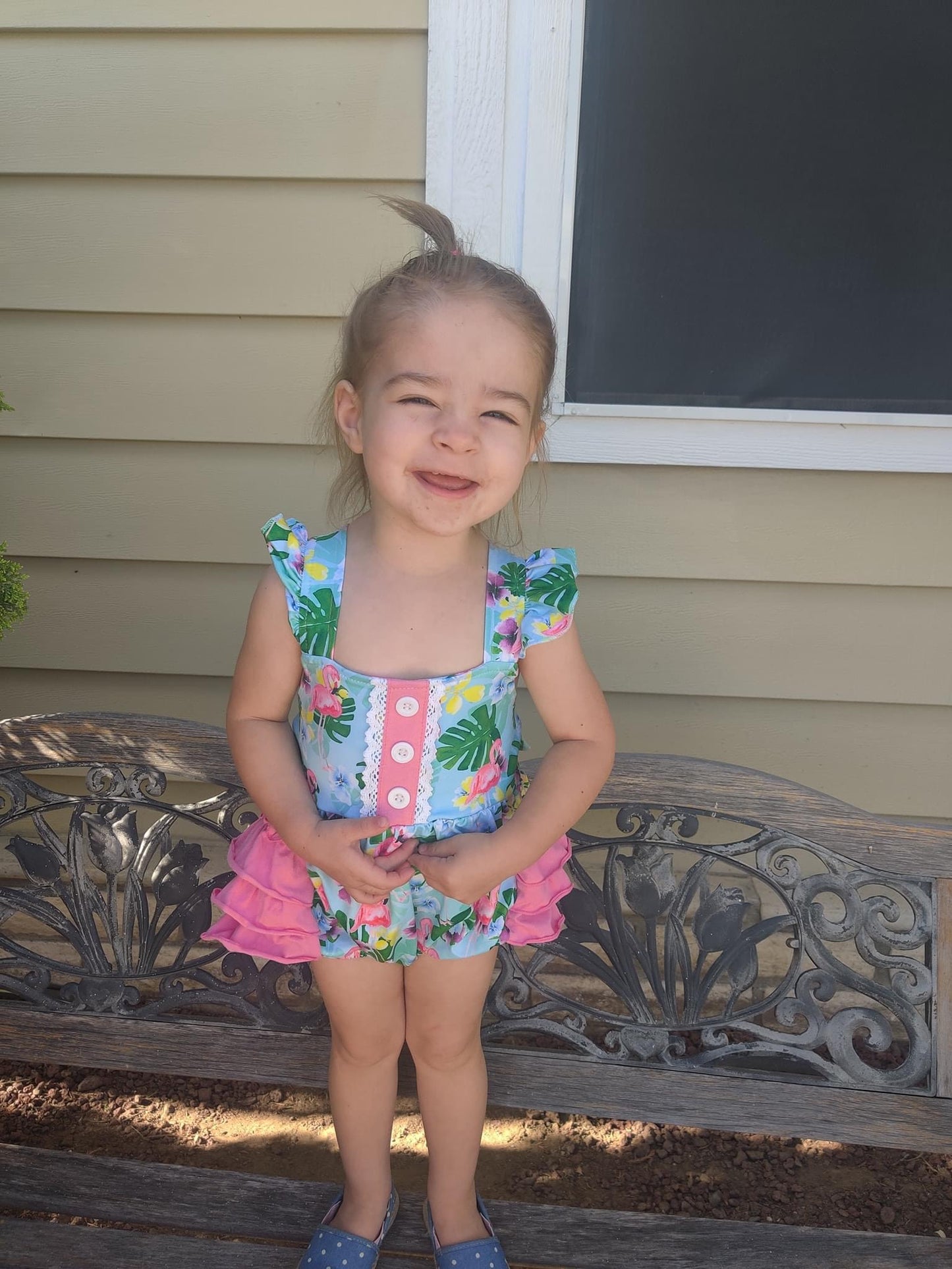 Flamingo Luau Lace Ruffle Romper