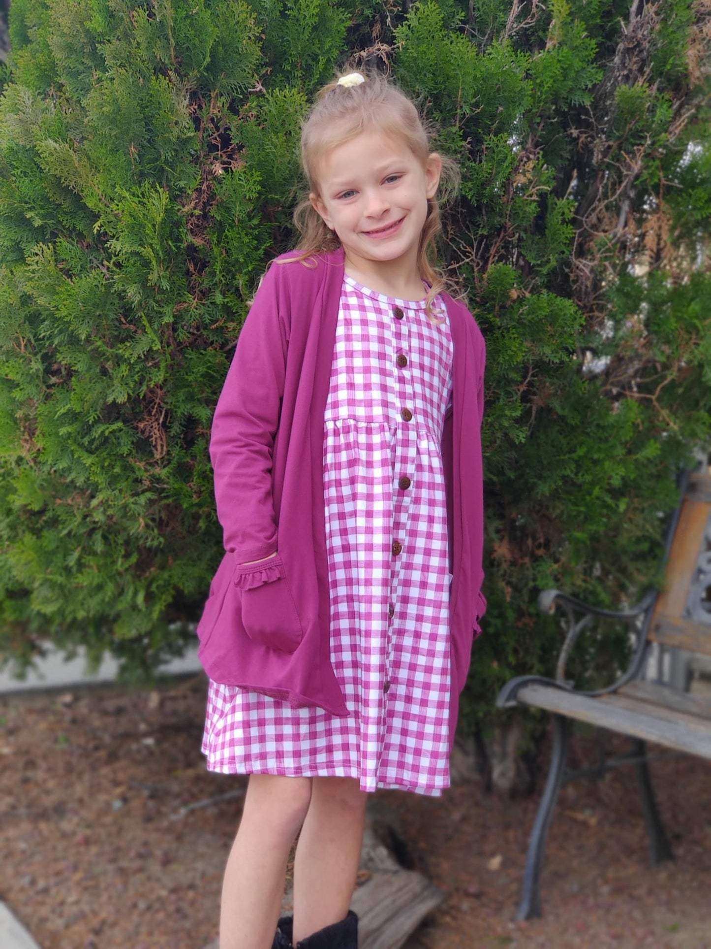 Purple Gingham Wooden Button Down Long Sleeve Pocket Dress