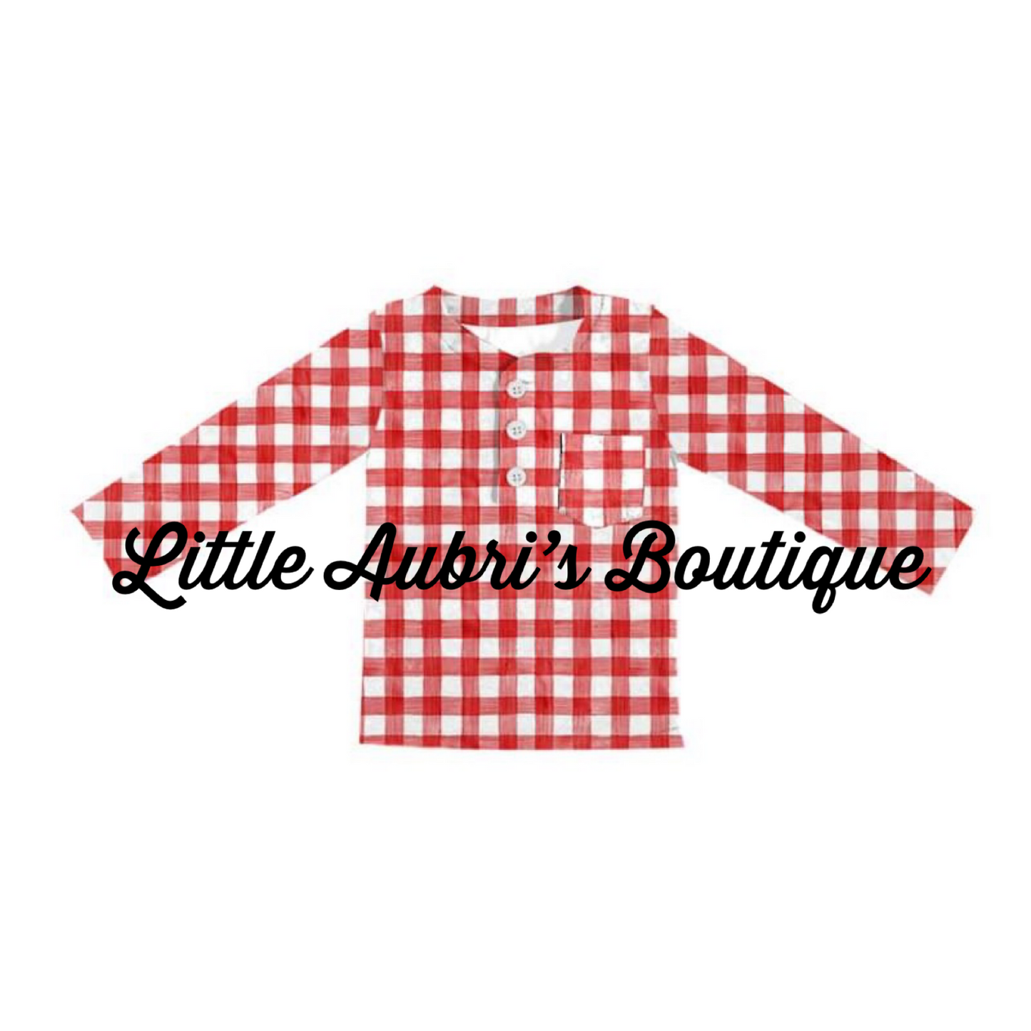 Long Sleeve Red Gingham Pocket Henley
