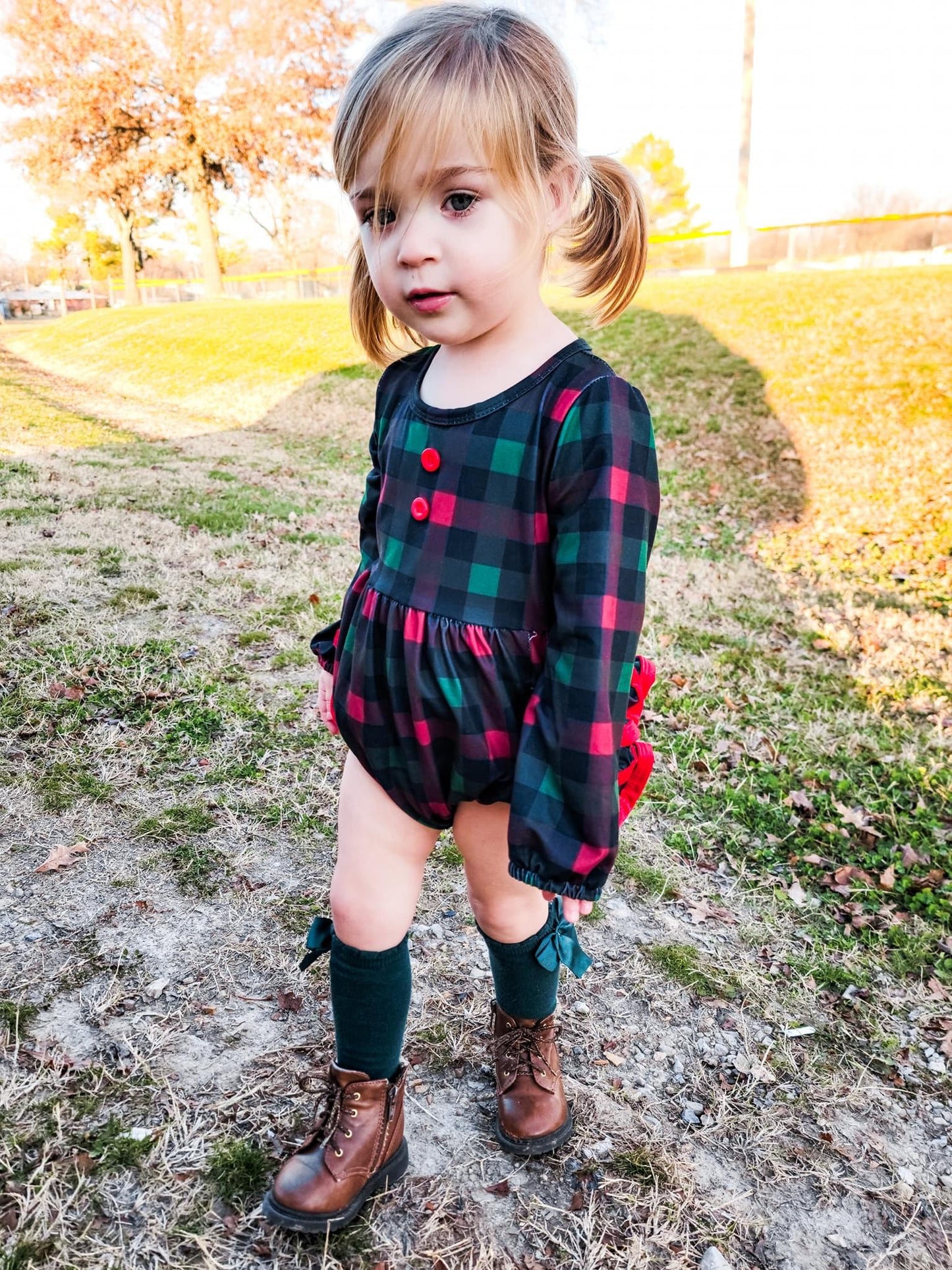 Red & Green Plaid Long Sleeve Ruffle Romper