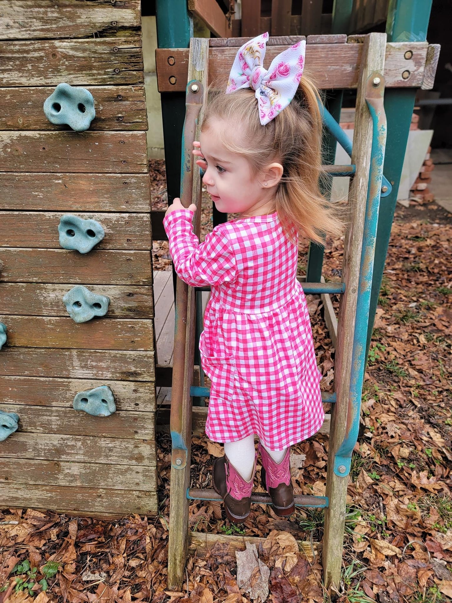 Pink Gingham Wooden Button Down Long Sleeve Pocket Dress