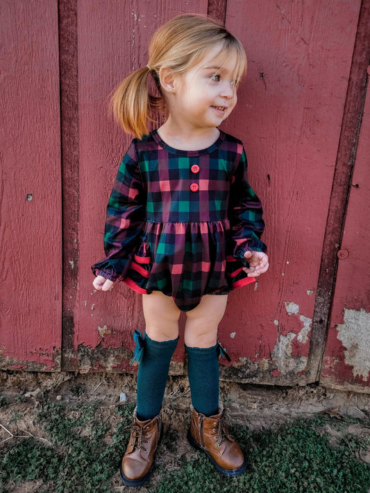Red & Green Plaid Long Sleeve Ruffle Romper