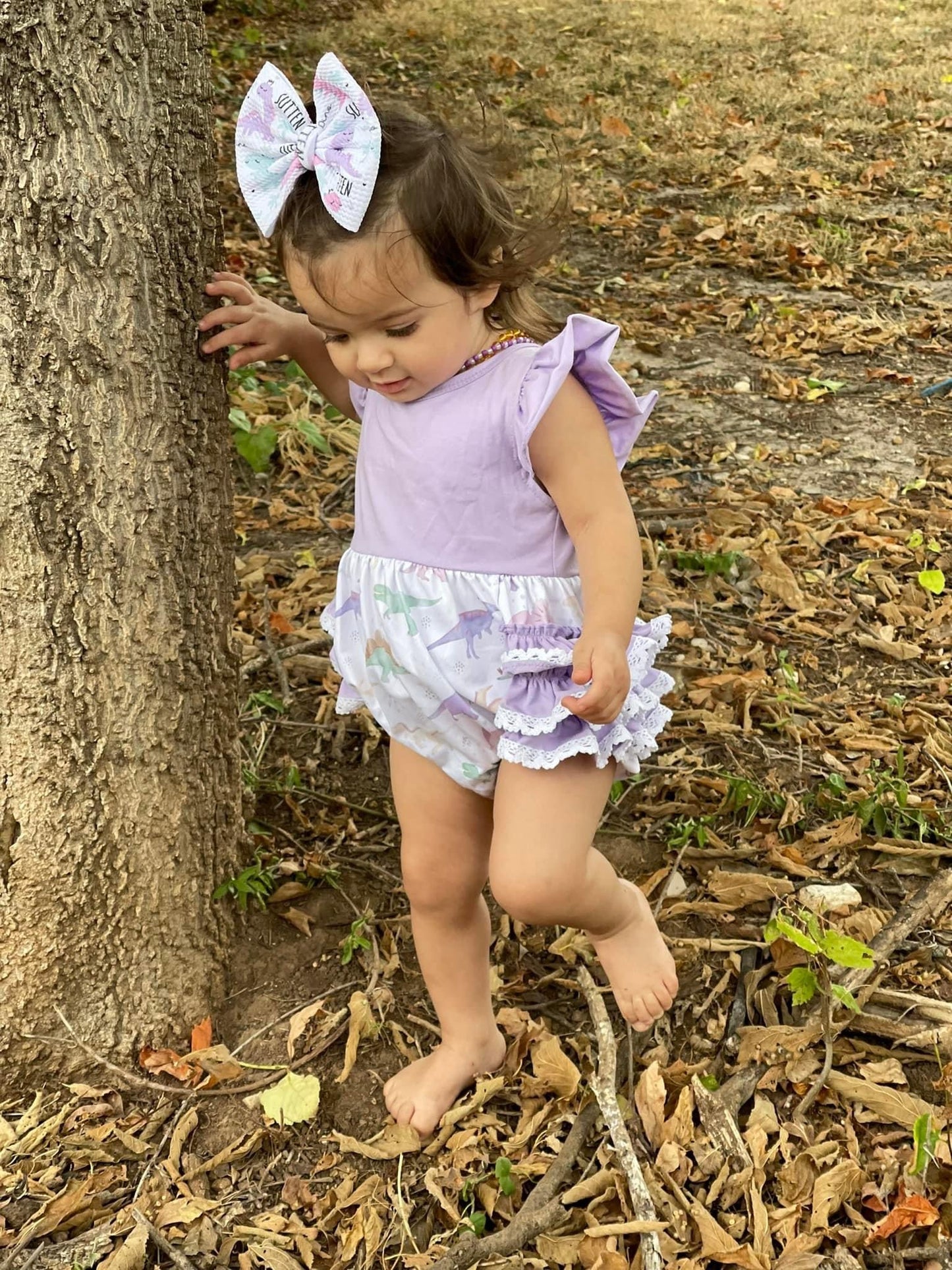 Purple Neutral Dinos Ruffle Lace Romper
