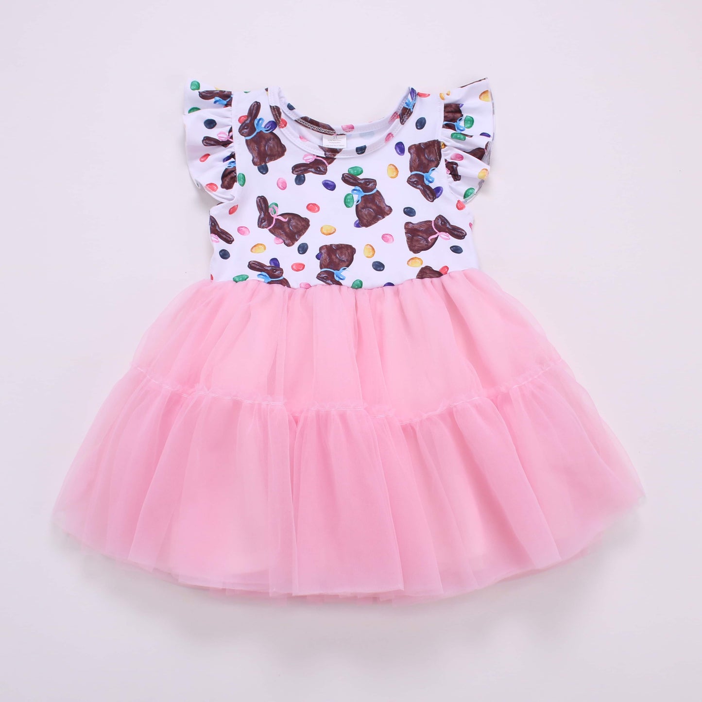 Chocolate Bunnies Tulle Flutter Sleeve Dress