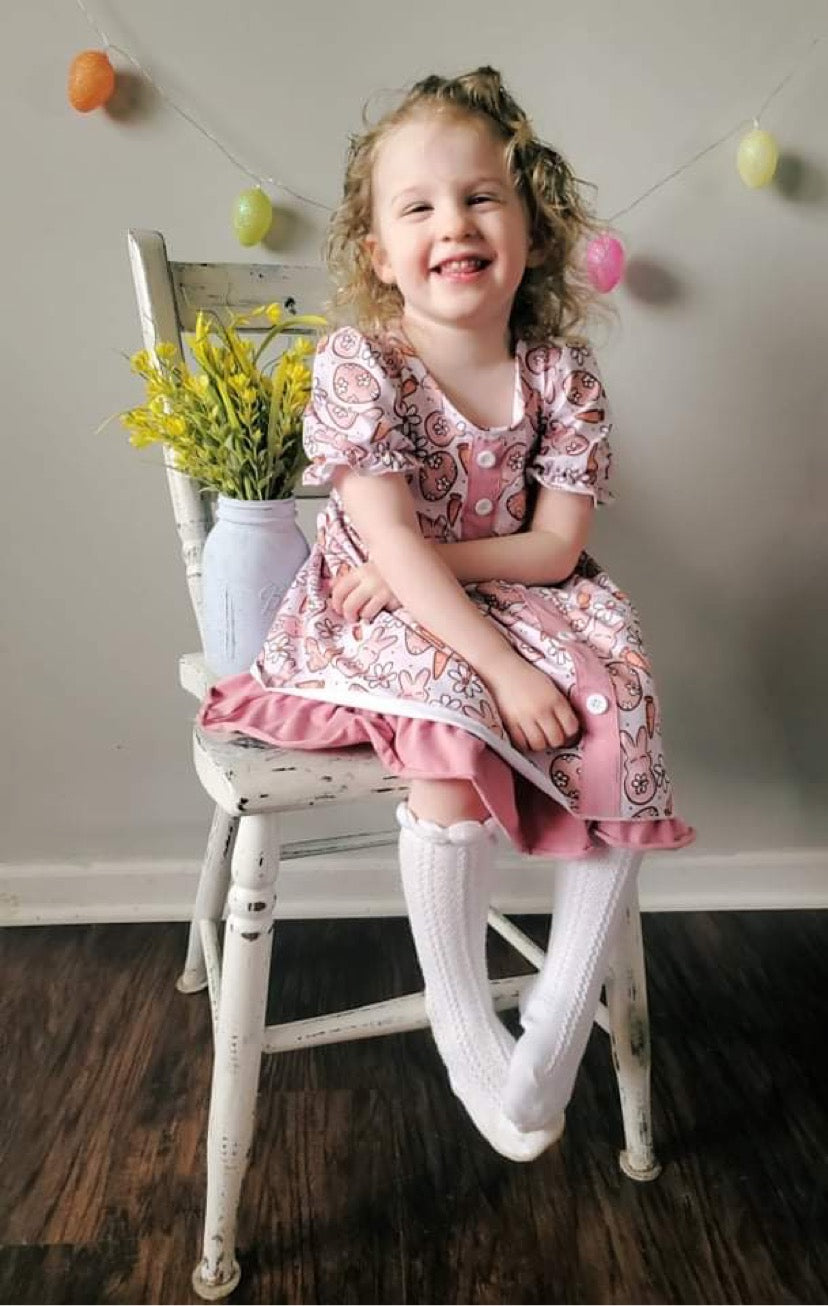 Pink Bunnies Button Ruffle Dress