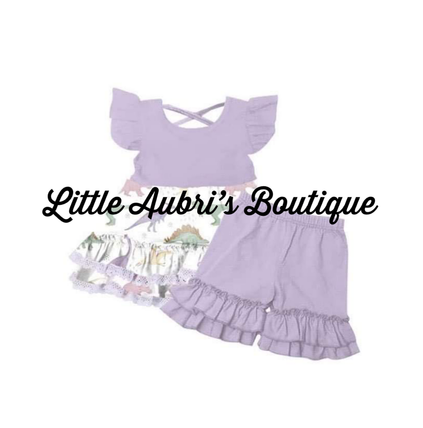 Purple Neutral Dinos Tunic Lace Ruffle Shorts Set