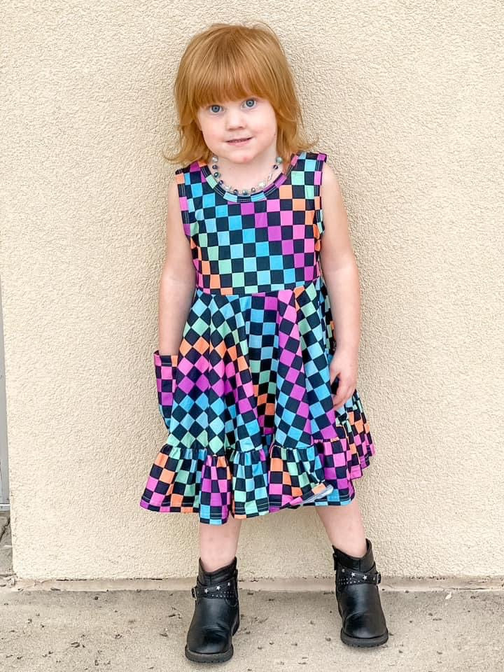 Rainbow Checkerboard Cross Back Pocket Dress