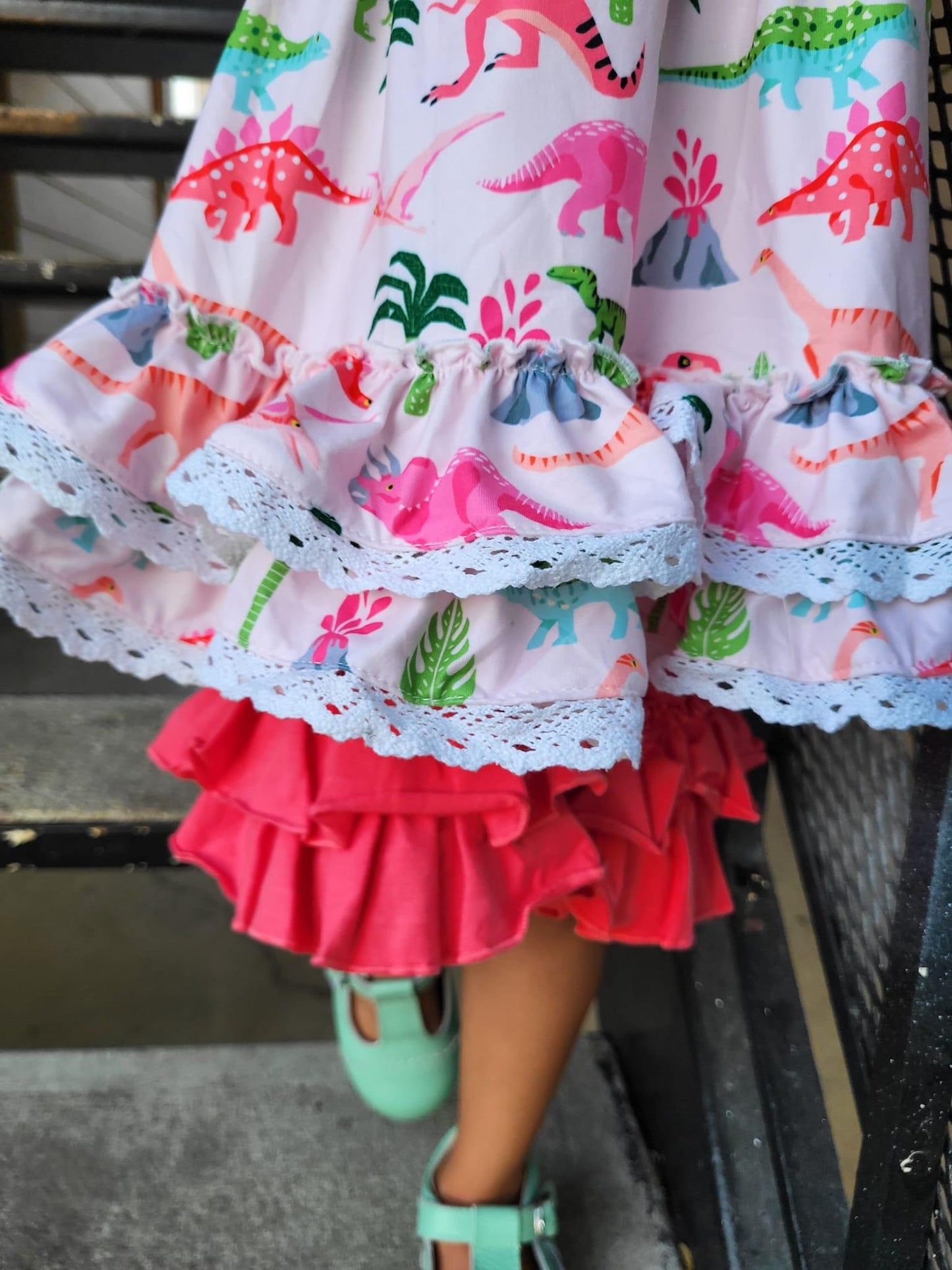 Pink Neon Dinos Tunic Lace Ruffle Shorts Set