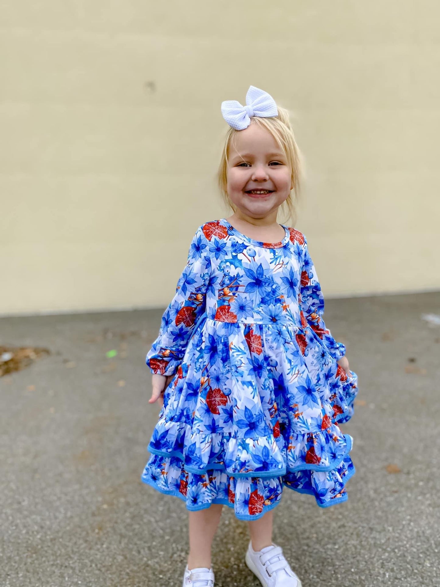 Winter Blue Floral Ruffle Dress