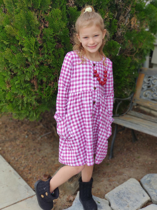 Purple Gingham Wooden Button Down Long Sleeve Pocket Dress