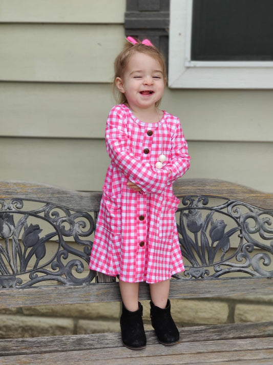 Pink Gingham Wooden Button Down Long Sleeve Pocket Dress