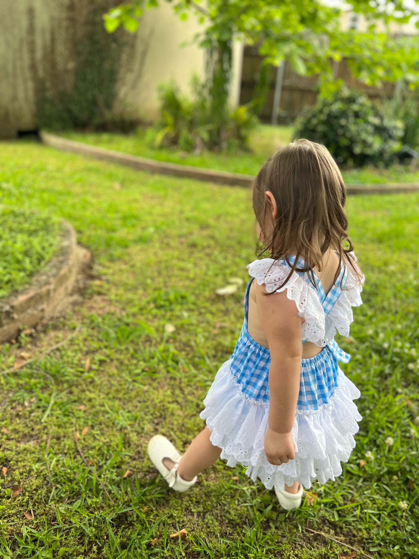 Blue Gingham Lace Ruffle Romper