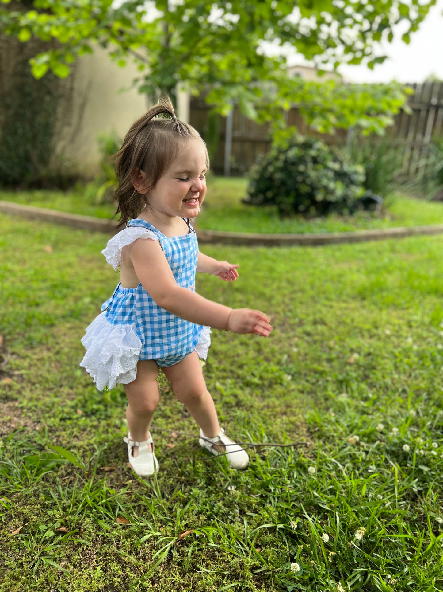 Blue Gingham Lace Ruffle Romper