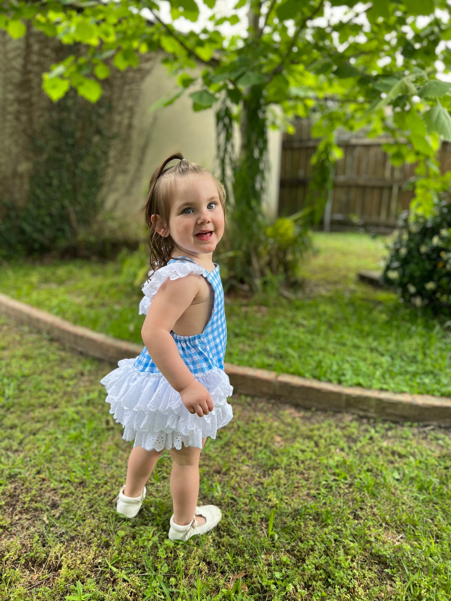 Blue Gingham Lace Ruffle Romper