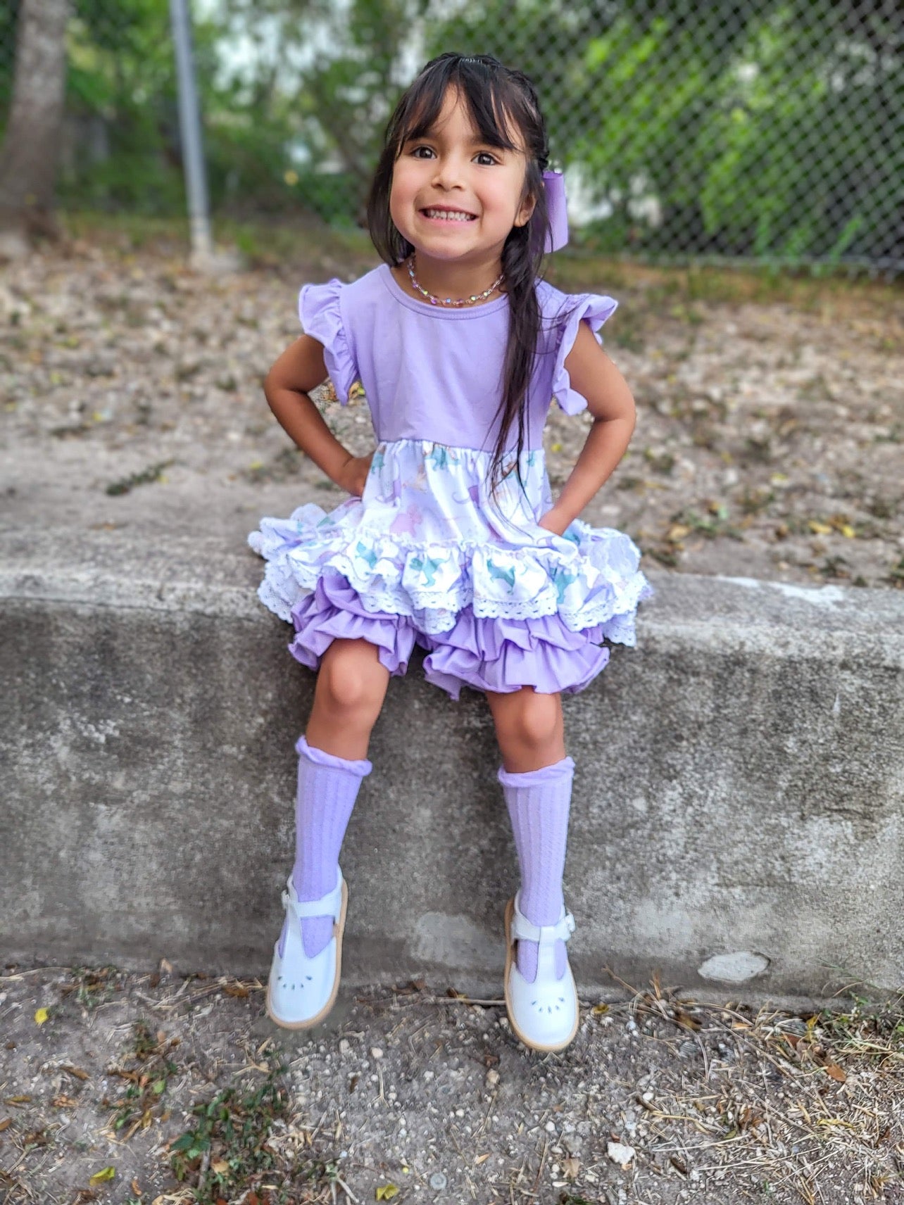 Purple Neutral Dinos Tunic Lace Ruffle Shorts Set