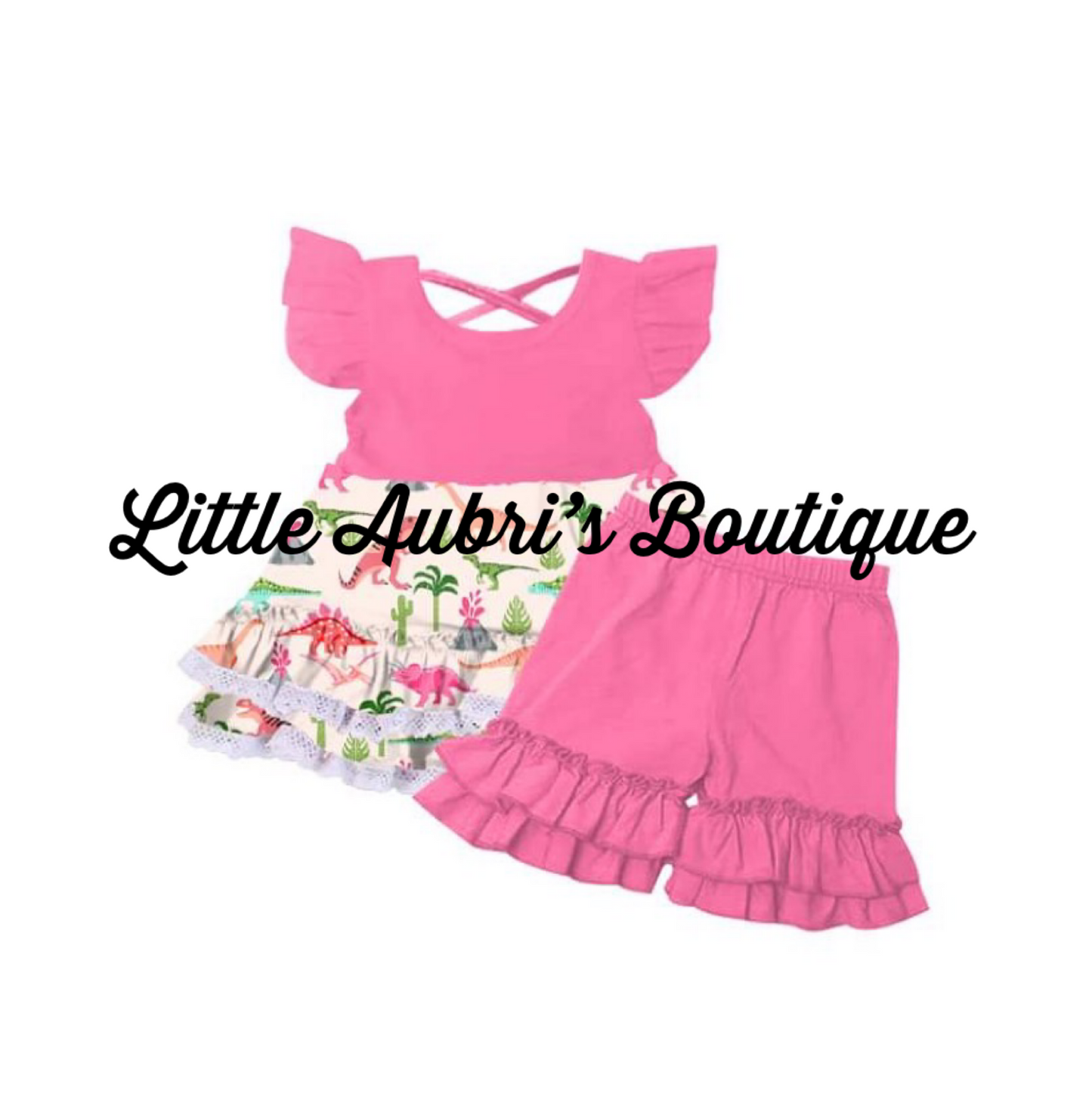 Pink Neon Dinos Tunic Lace Ruffle Shorts Set
