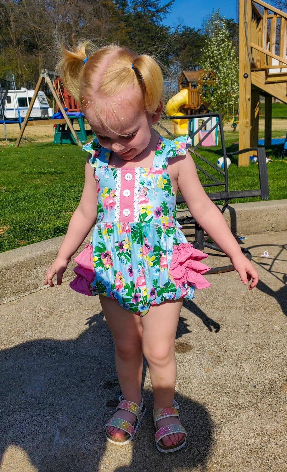 Flamingo Luau Lace Ruffle Romper