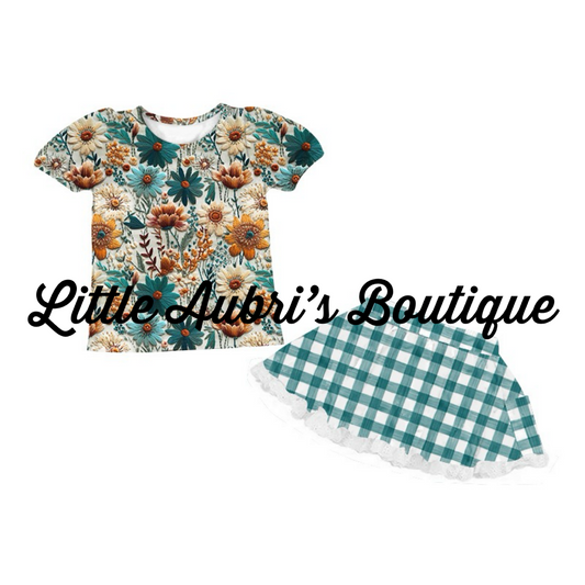 PREORDER Floral Rust Puff Sleeve Shirt and Gingham Lace Skort Set CLOSES 6/3