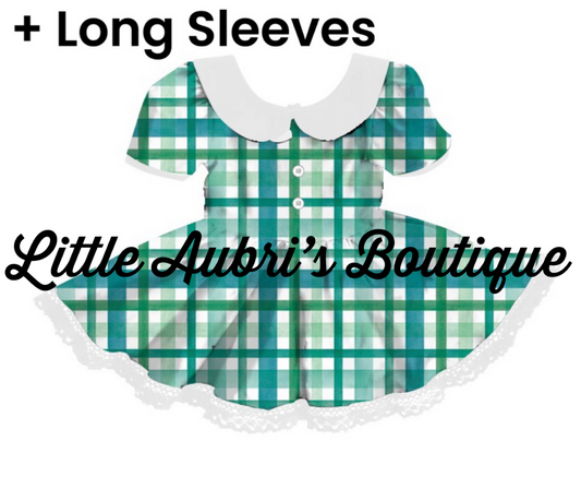 PREORDER Long Sleeve Green Gingham Lace Collar Dress CLOSES 11/20