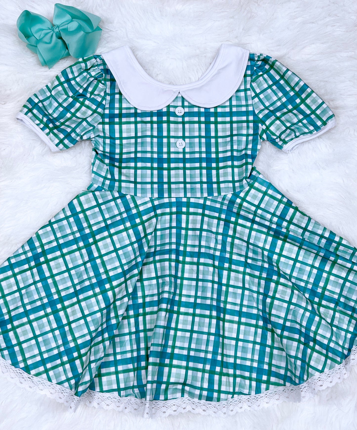 Green Gingham Lace Collar Dress