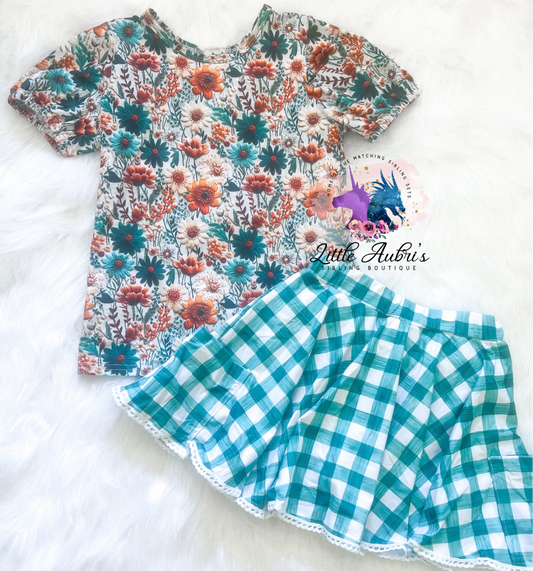 Floral Rust Puff Sleeve Shirt and Gingham Lace Skort Set