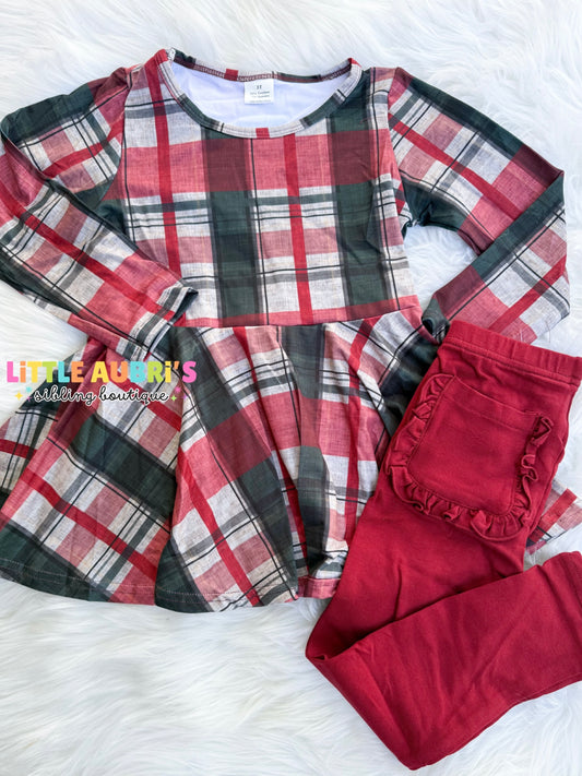 Tartan Plaid Peplum and Ruffle Bum Leggings Set