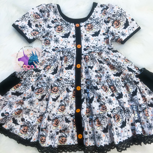 Mouse Jack O’ Lantern Button Down Lace Pocket Dress