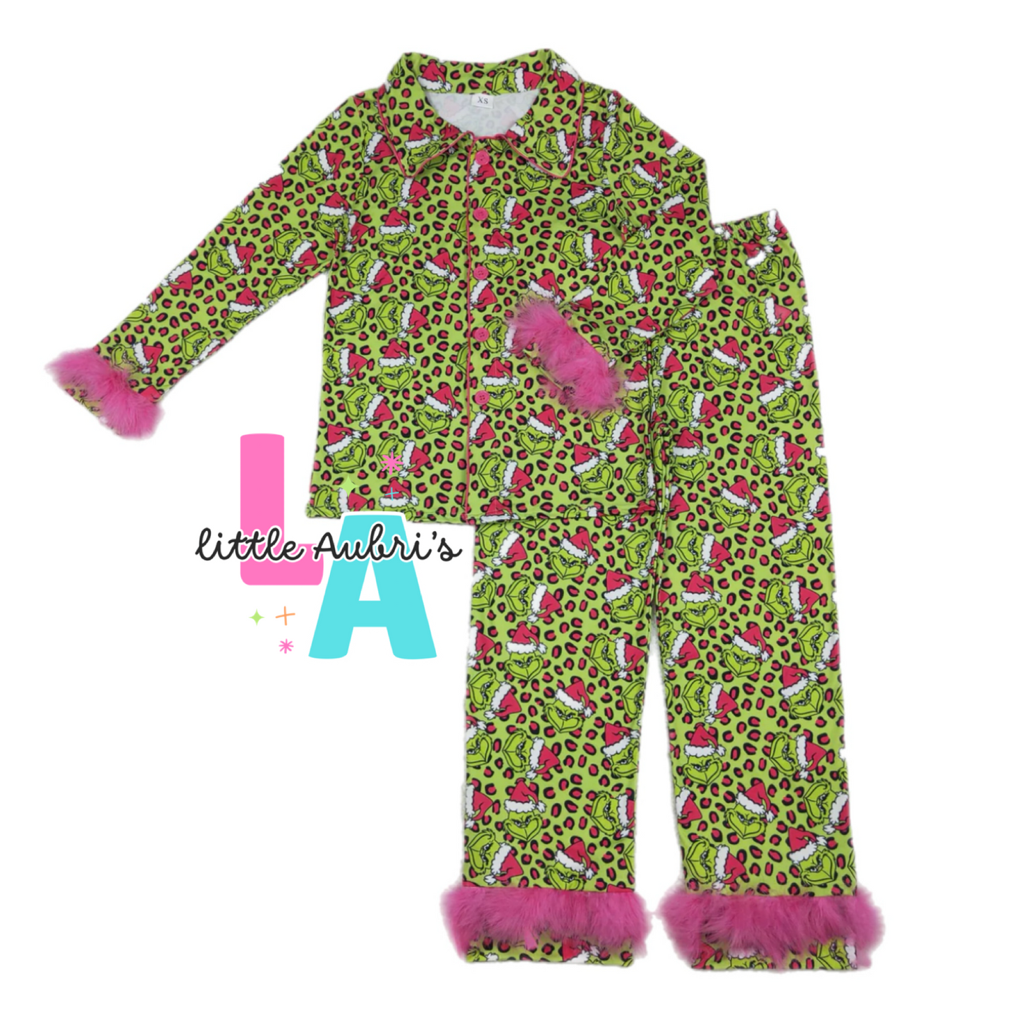Grinchy Pink Leopard Feather Trim Adult Pajama Pants Late Nov