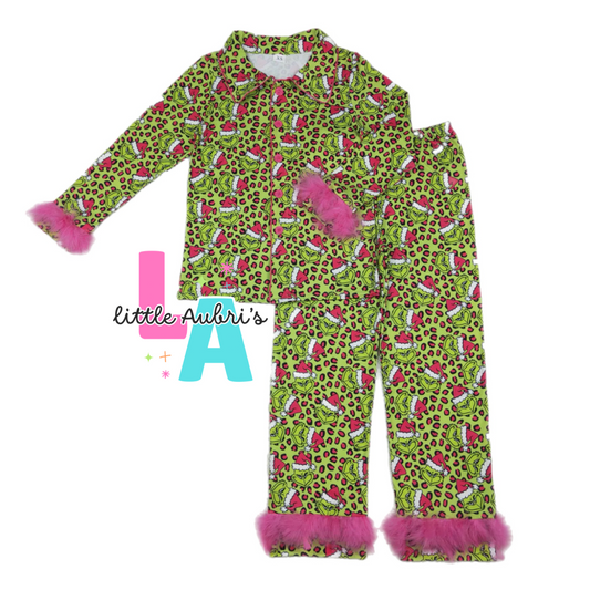 Grinchy Pink Leopard Feather Trim Adult Pajama Pants Late Nov