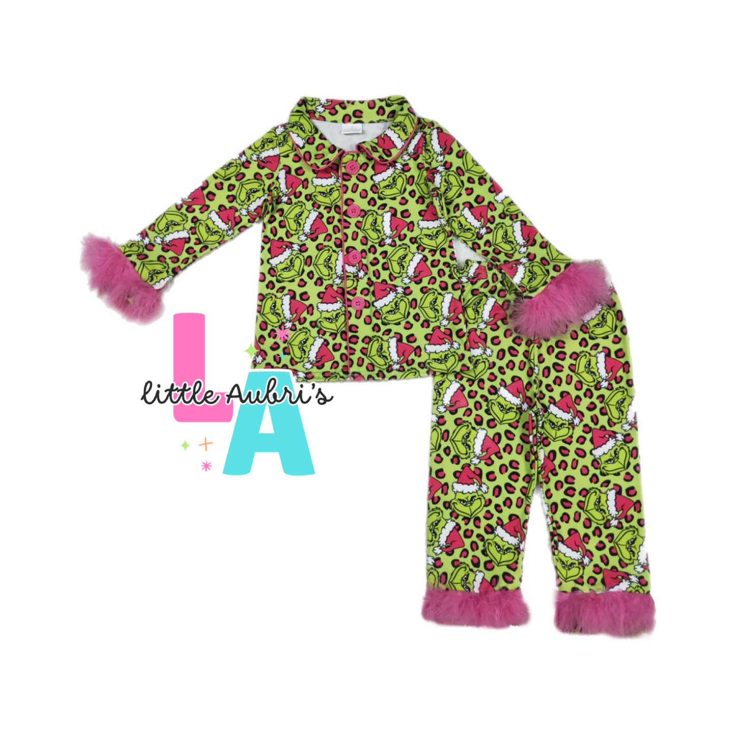 Grinchy Pink Leopard Feather Trim Pajama Set ETA Late Nov