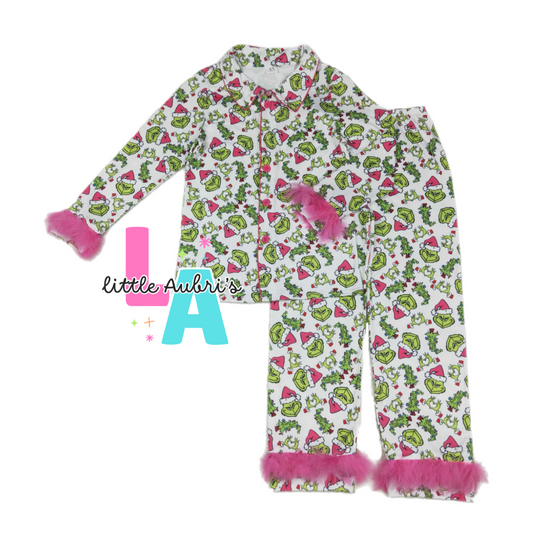 Pink Mean One Feather Trim Adult Pajama Pants Late Nov