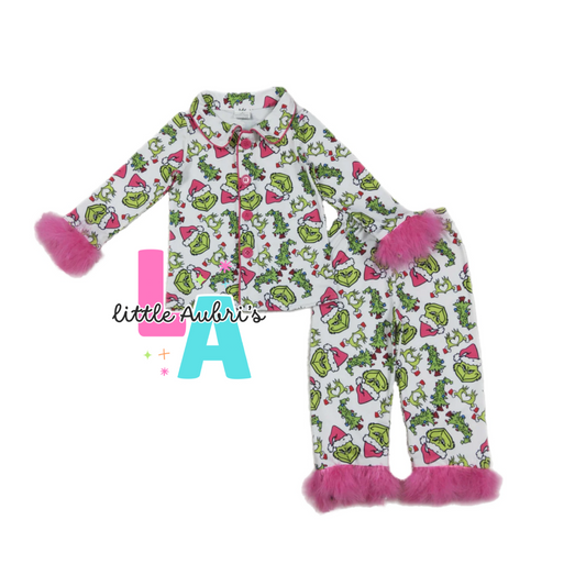 Pink Mean One Feather Trim Pajama Set ETA Late Nov