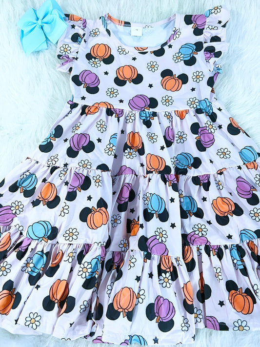 Colorful Pumpkin Mouse Triple Tier Twirl Dress