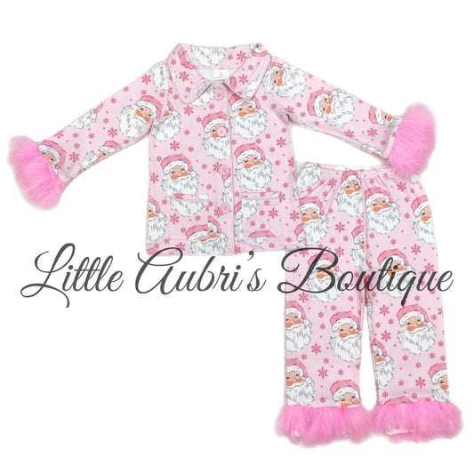 Pink Santa Feather Trim Pajama Set ETA Late August