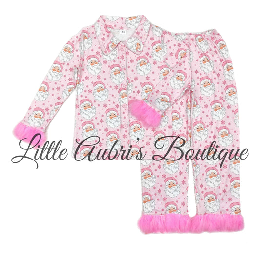 Pink Santa Feather Trim Adult Pajama Pants Late August