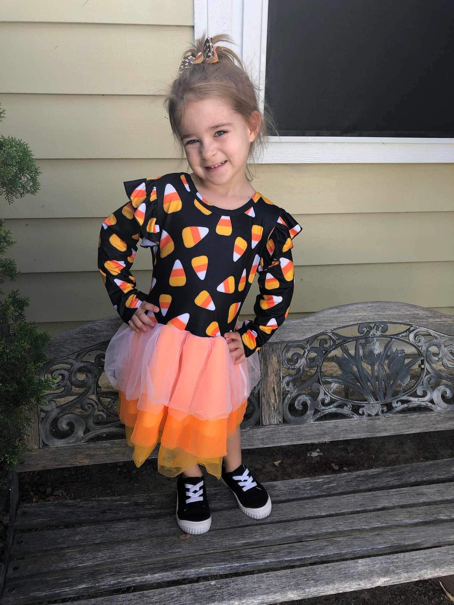 Candy Corn Tiered Tutu Long Sleeve Dress