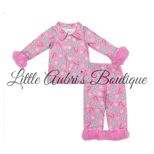 Candy Cane Feather Trim Pajama Set ETA Late August