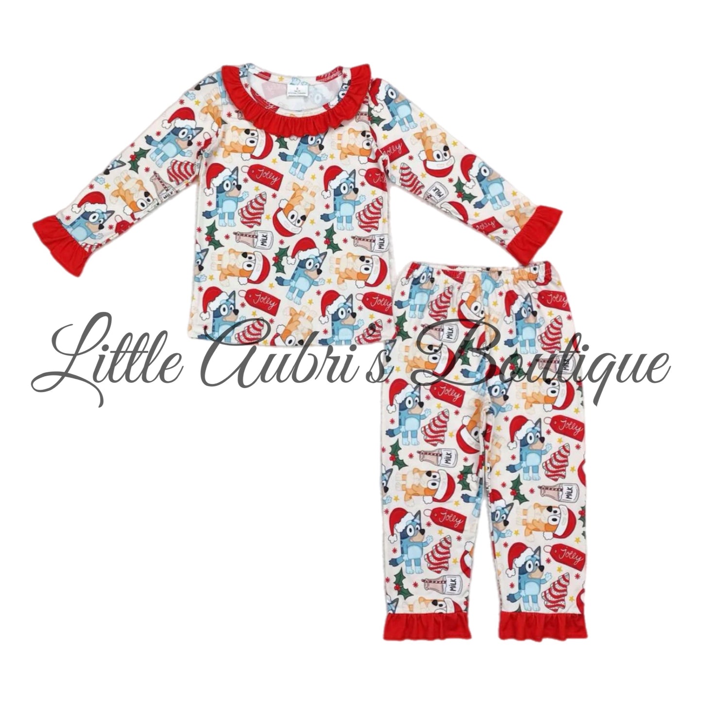 Blue Pup Cookies and Milk Ruffle Pajama Set ETA End November