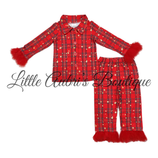 Plaid Feather Trim Pajama Set ETA Late August