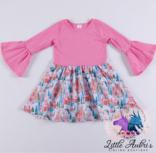 Pink Gingerbread Bell Sleeve Twirl Dress