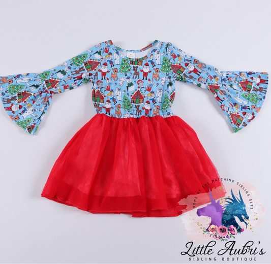 Red Nosed Reindeer Bell Sleeve Tutu Dress