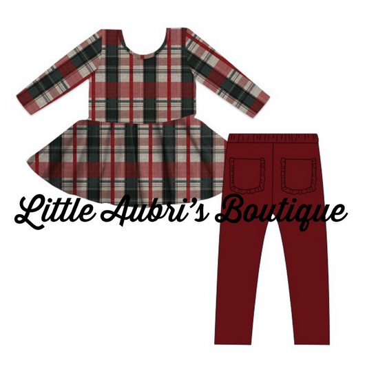 Tartan Plaid Peplum and Ruffle Bum Leggings Set