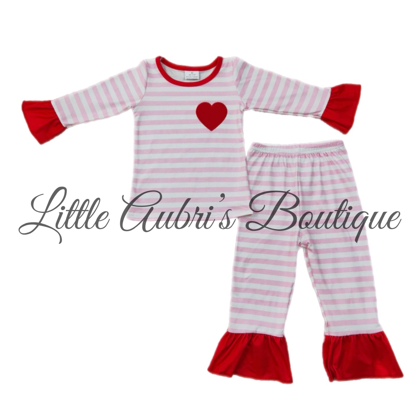 Embroidered Heart Striped Ruffle Pajama Set ETA End January