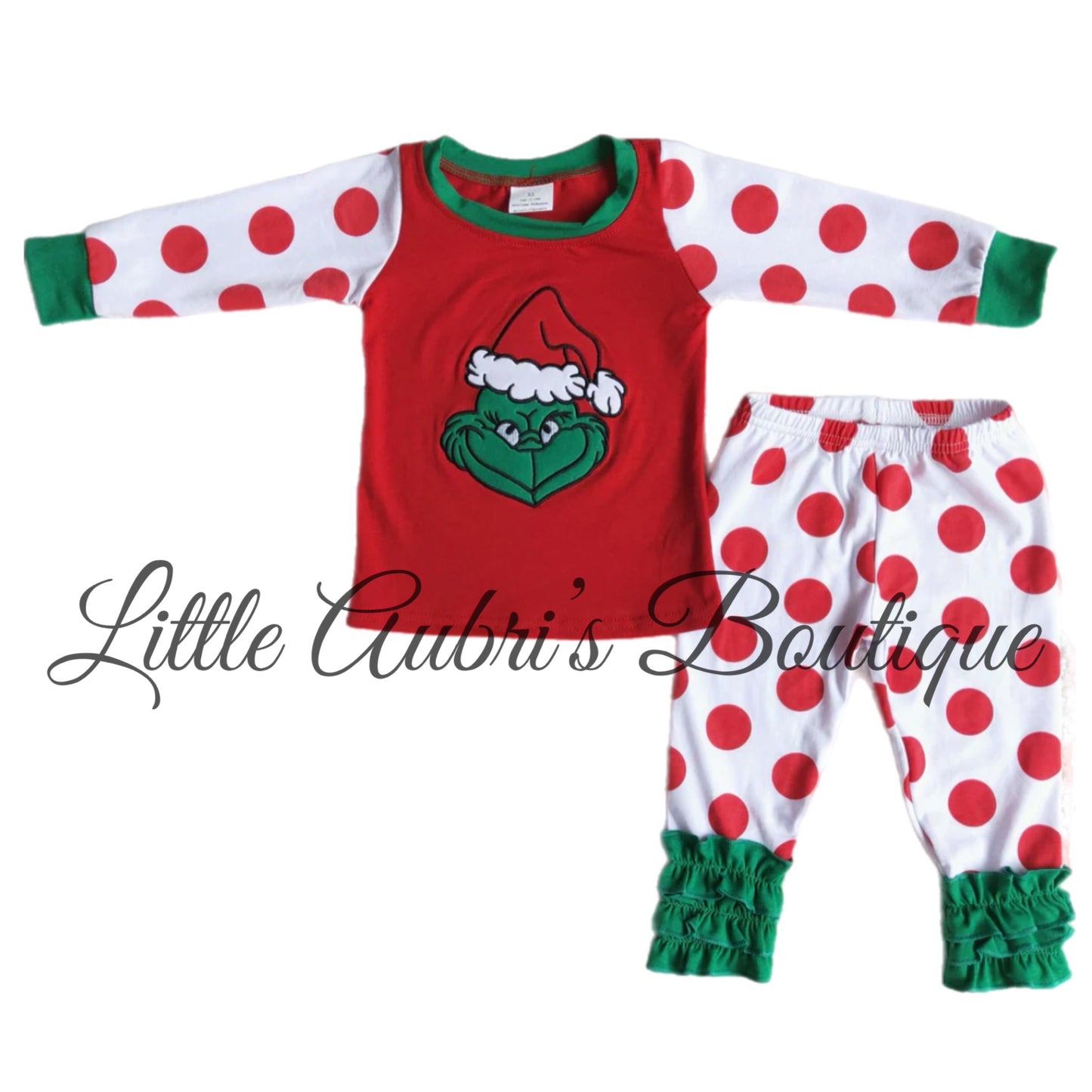 Embroidered Polka Dot Green Guy Ruffle Pajama Pants Set ETA Early October