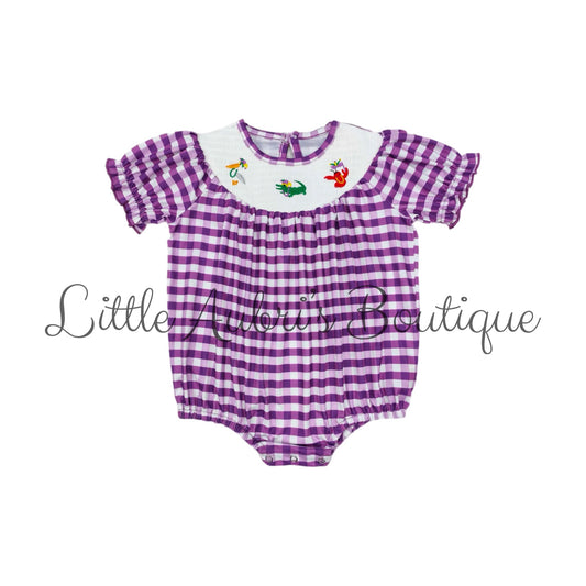 Smocked Mardi Gras Bubble Romper ETA End Jan