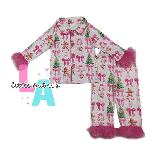 Girly Christmas Bows Feather Trim Pajama Set ETA Late August