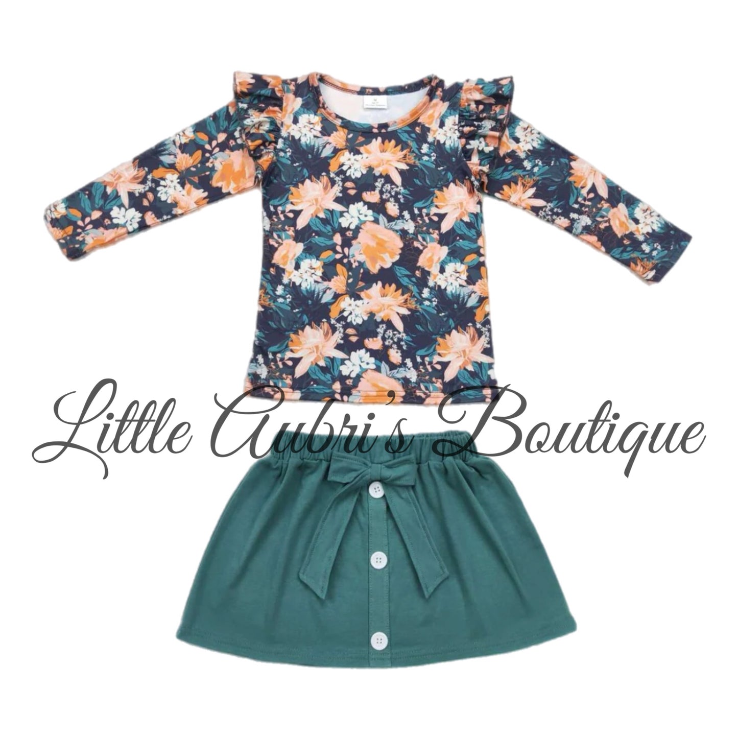 Green Floral Ruffle Shirt and Skirt Set Early October