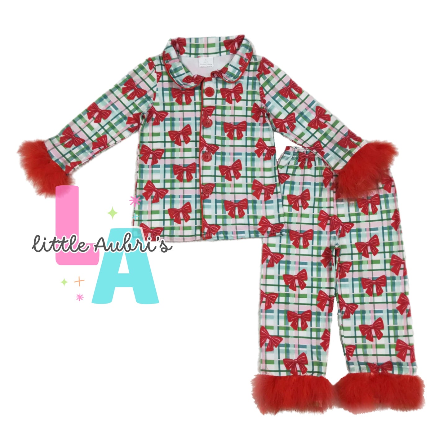 Plaid Bows Feather Trim Pajama Set ETA Late August